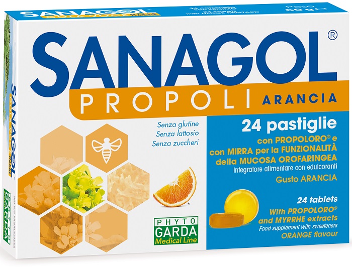 SANAGOL PROPOLI SENZA ZUCCHERO ARANCIA 24 CARAMELLE - Farmasanitas 