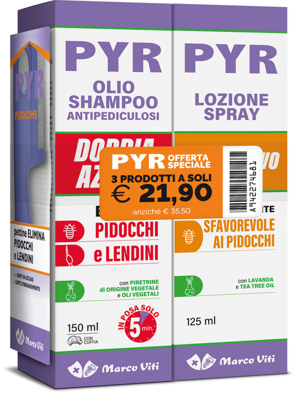 PYR ABB OLIO SHAMPOO ANTIPEDICULOSI + 1 OLIO SHAMPOO DOPPIA AZIONE + 1 LOZIONE SPRAY + 1 PETTINE LENDINI - Farmasanitas 
