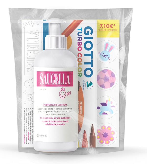 SAUGELLA BUNDLE GIRL DETERGENTE INTIMO PROTETTIVO E LENITIVO PH 4,5 200 ML + GIOTTO TURBO COLOR - Farmasanitas 