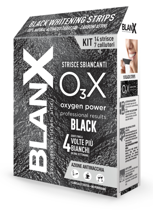 BLANX O3X BLACK STRISCE SBIANCANTI E ANTIMACCHIA 14 PEZZI - Farmasanitas 