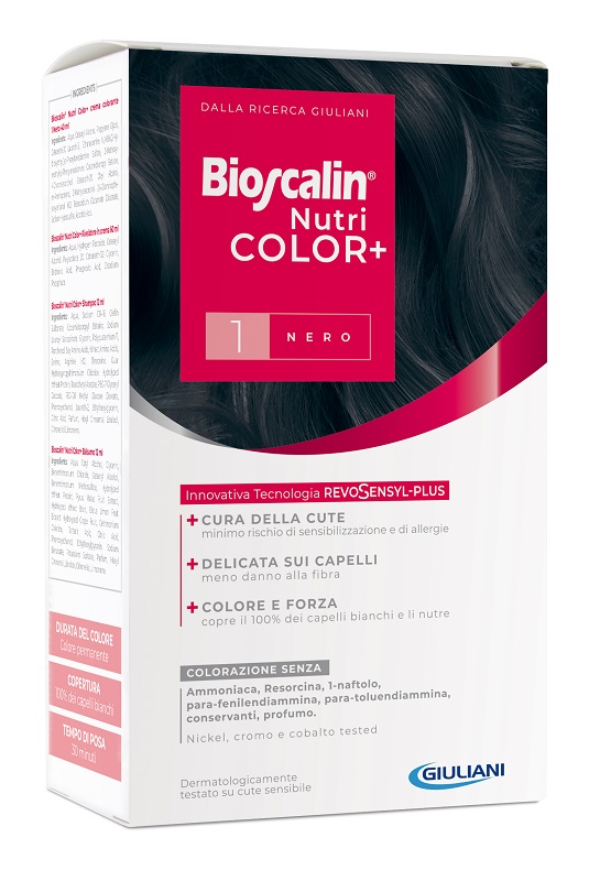 BIOSCALIN NUTRICOLOR PLUS 1 NERO CREMA COLORANTE 40 ML + RIVELATORE CREMA 60 ML + SHAMPOO 12 ML + TRATTAMENTO FINALE BALSAMO 12 ML - Farmasanitas 