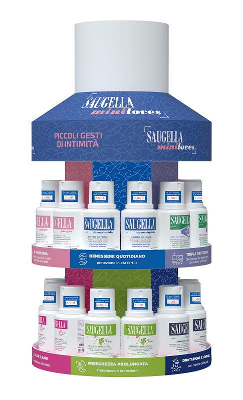 SAUGELLA MINI LOVES EXPO 24 PEZZI 4 IDRASERUM + 4 ATTIVA + 4 POLIGYN + 4 YOUFRESH + 4 GIRL + 4 DERMOLIQUIDO - Farmasanitas 