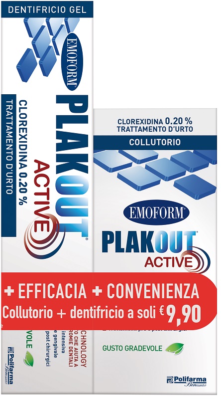 EMOFORM PLAK OUT ACTIVE CLOREXIDINA 0,20% COLLUTORIO 200 ML + DENTIFRICIO 75 ML - Farmasanitas 